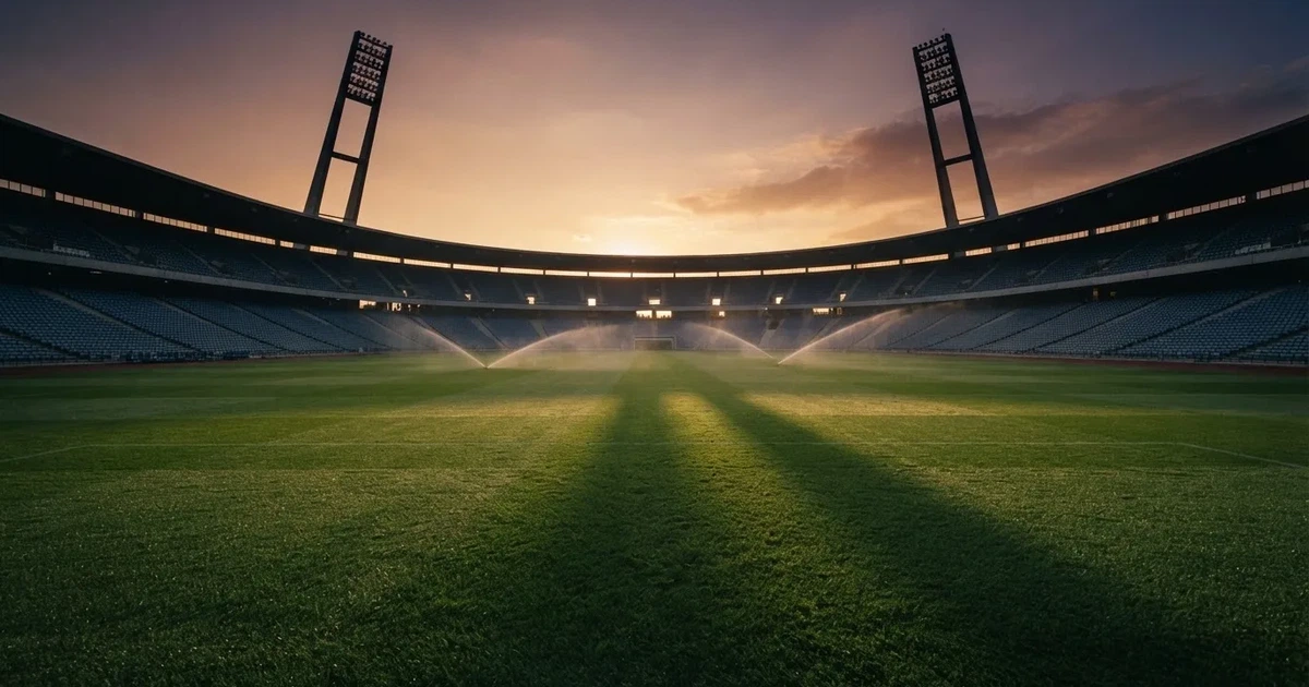 Un estadio de fútbol vacío con torres de iluminación al atardecer