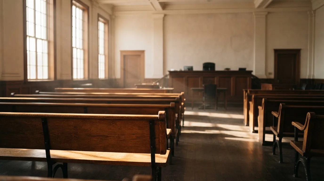 Una sala de tribunal vacía con bancos de madera a la luz de la mañana