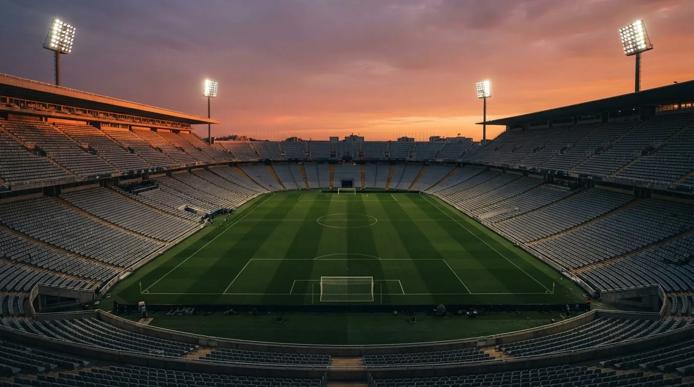 Un estadio de fútbol vacío con torres de iluminación al atardecer