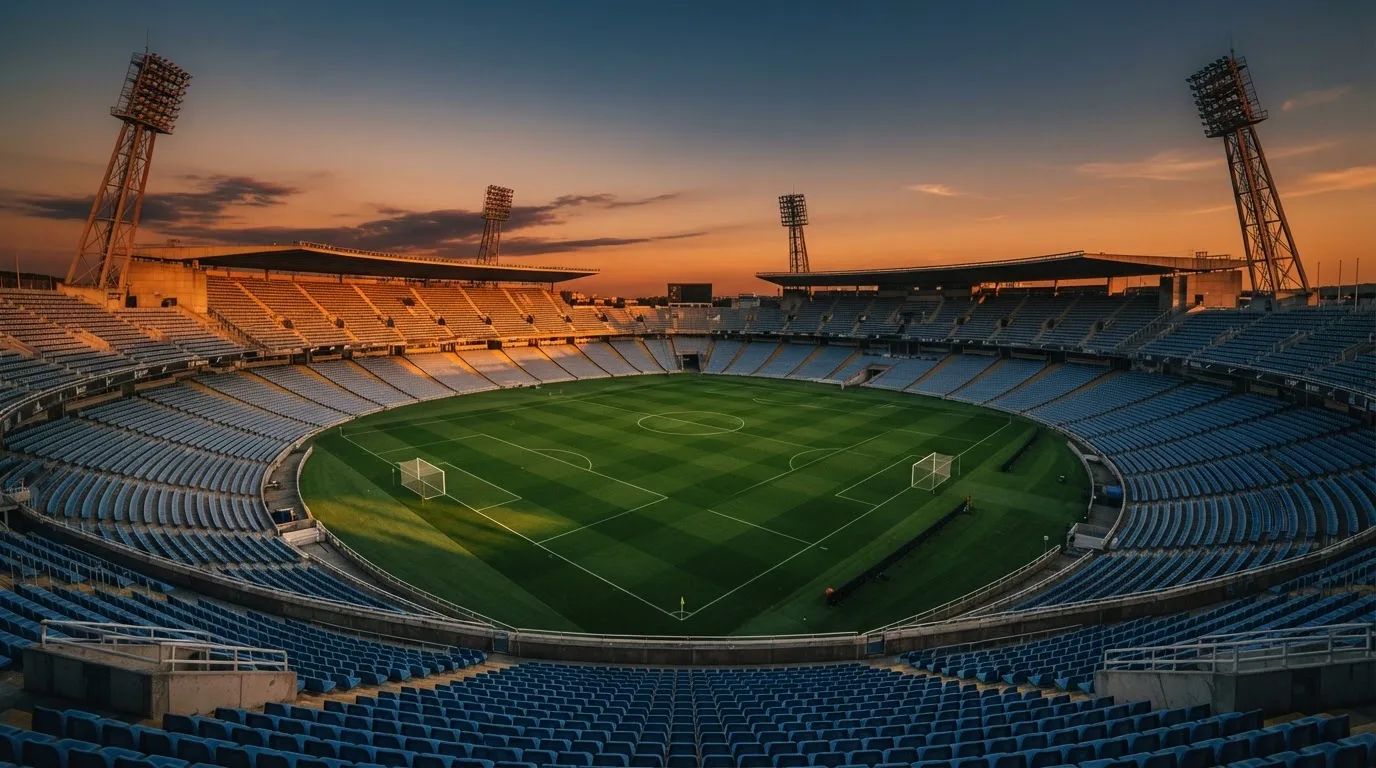 Un estadio de fútbol vacío con torres de iluminación al atardecer