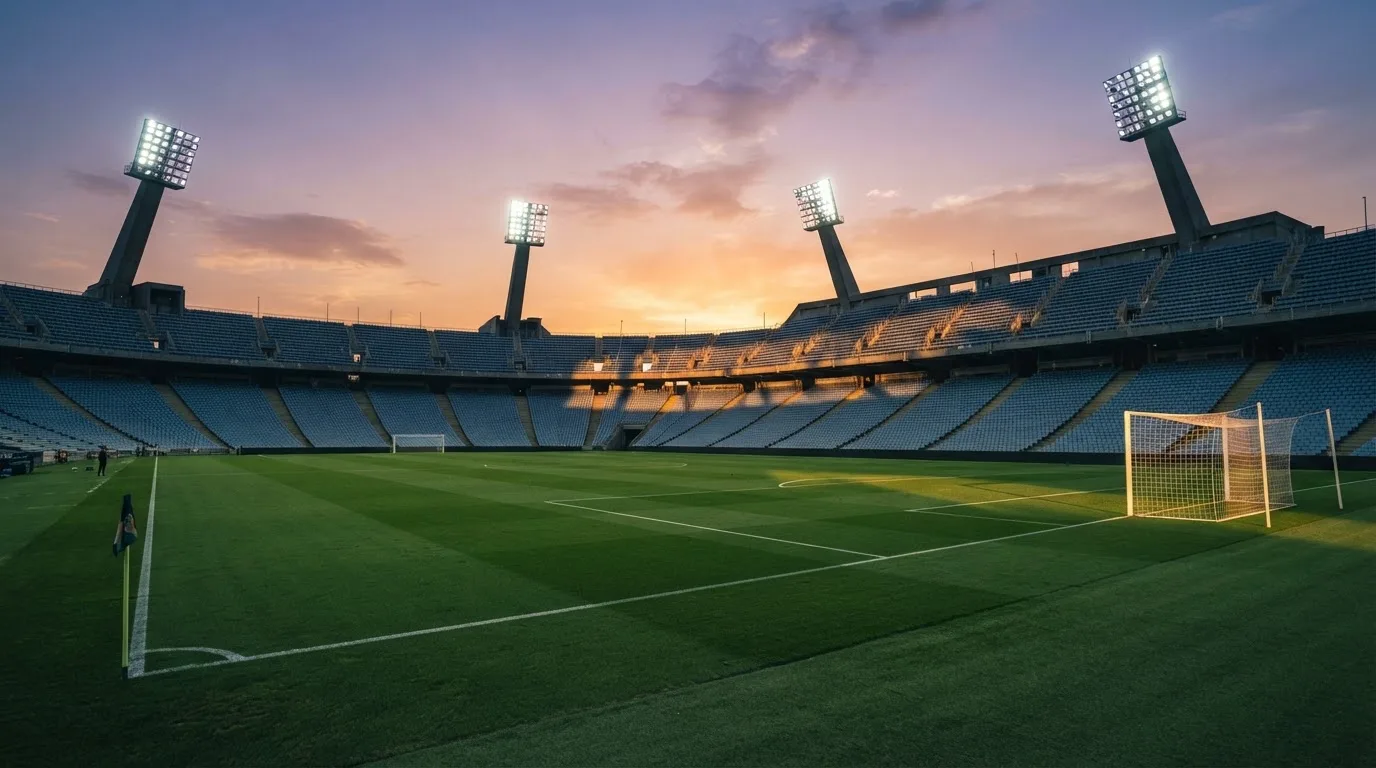 Un estadio de fútbol vacío con torres de iluminación al atardecer