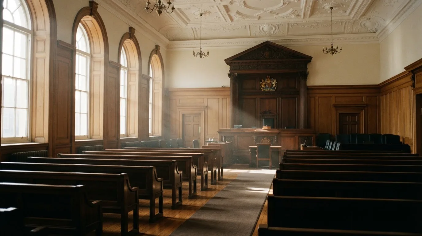 Una sala de tribunal vacía con bancos de madera a la luz de la mañana