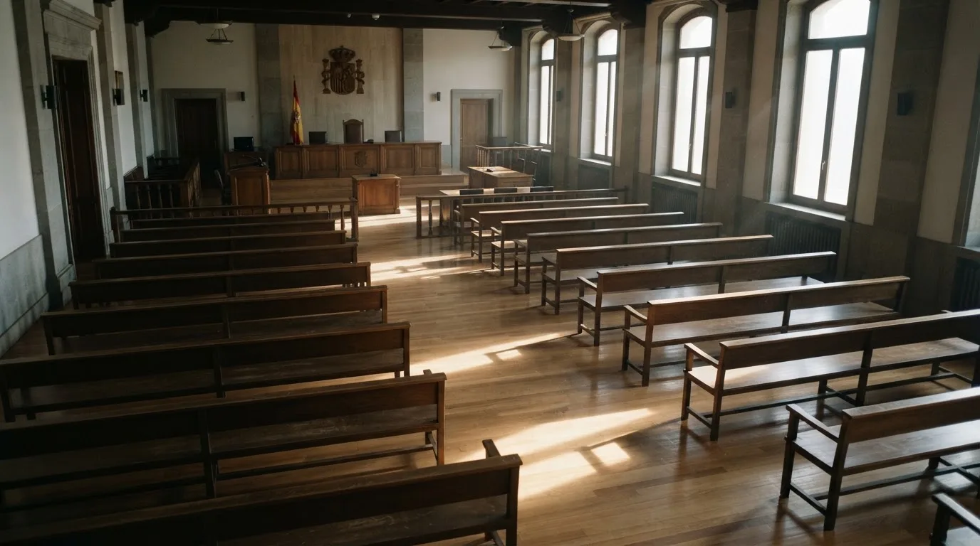 Una sala de tribunal vacía con bancos de madera a la luz de la mañana