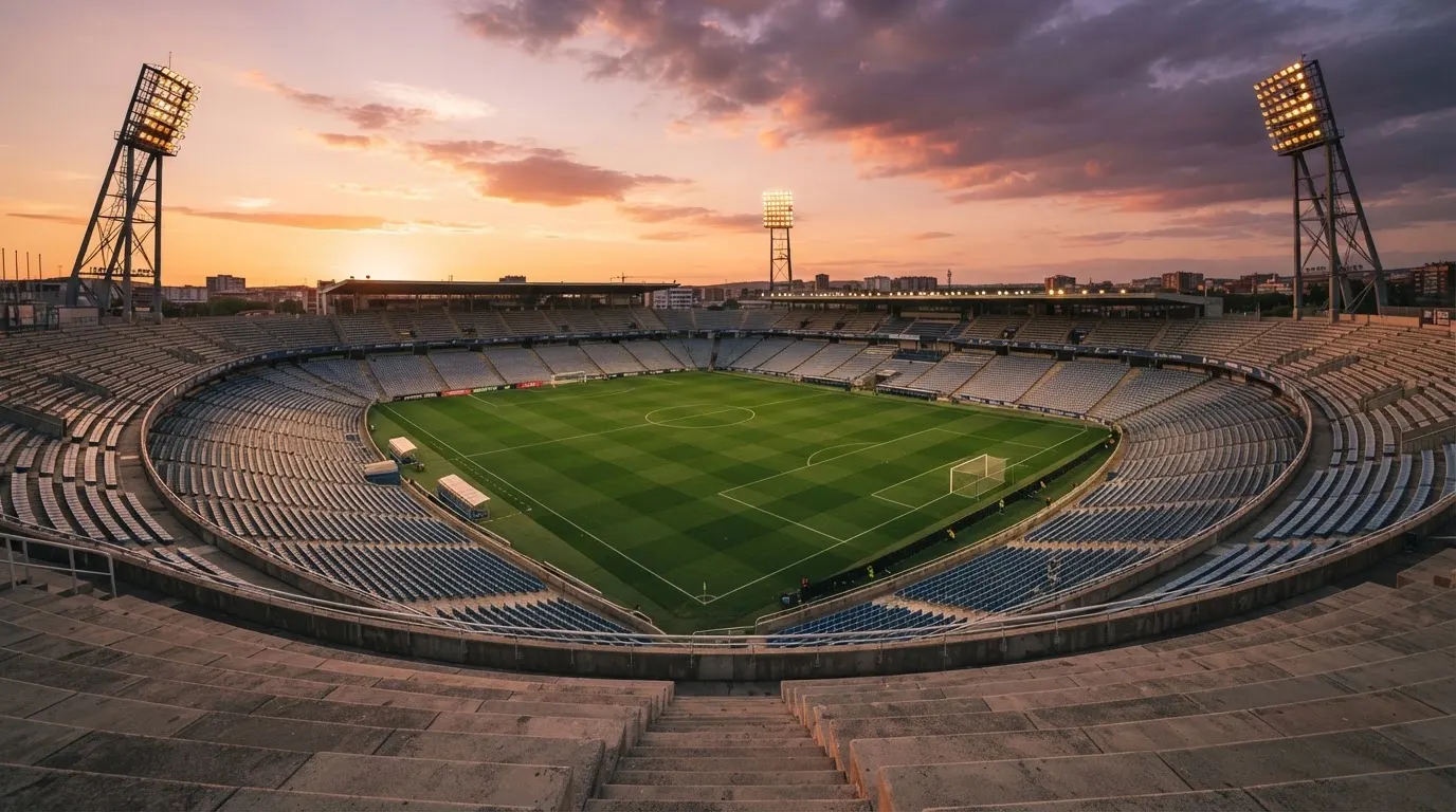 Un estadio de fútbol vacío con torres de iluminación al atardecer