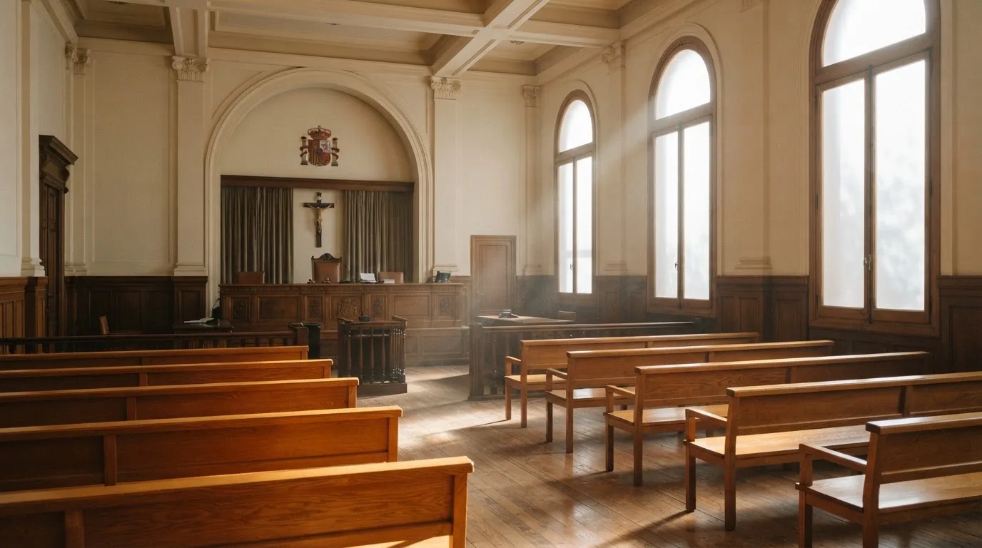 Una sala de tribunal vacía con bancos de madera a la luz de la mañana