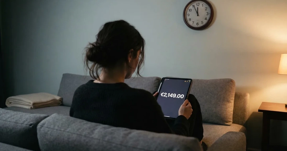 Una persona en el sofá mira pensativa una tableta, con un reloj de pared al fondo