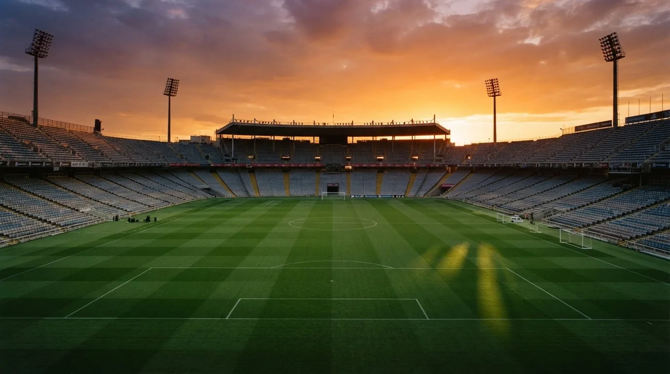 Un estadio de fútbol vacío con torres de iluminación al atardecer