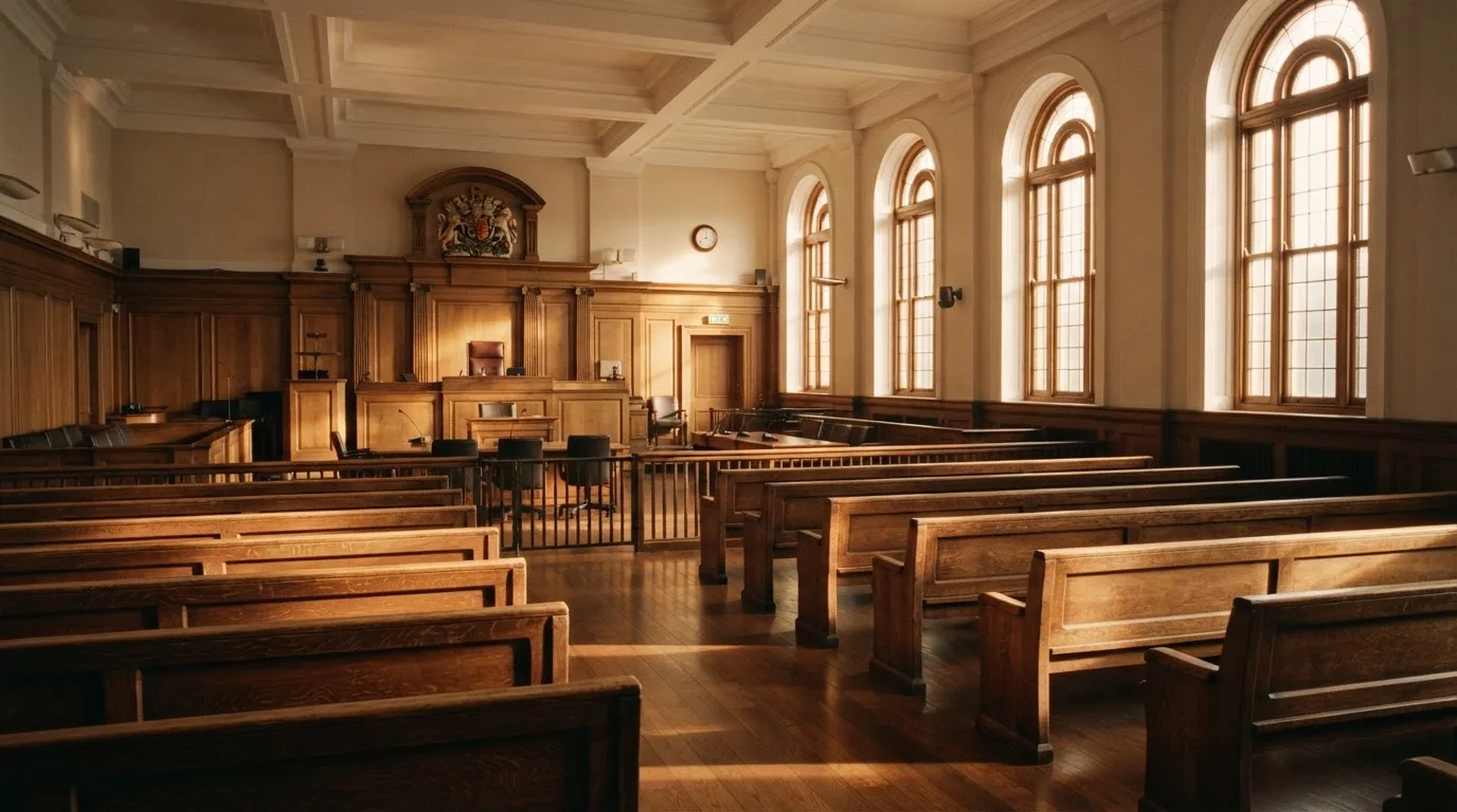 Una sala de tribunal vacía con bancos de madera a la luz de la mañana