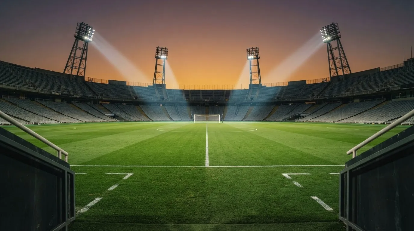Un estadio de fútbol vacío con torres de iluminación al atardecer