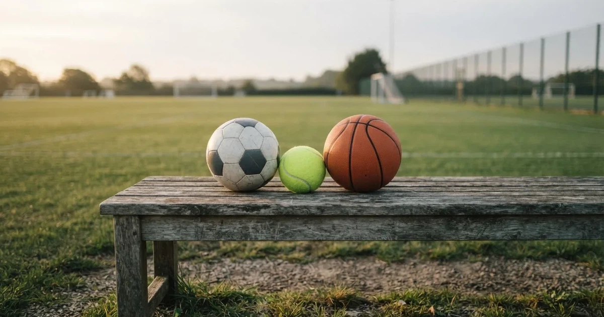 Tres balones de distintos tipos, uno junto a otro, sobre un banco de madera