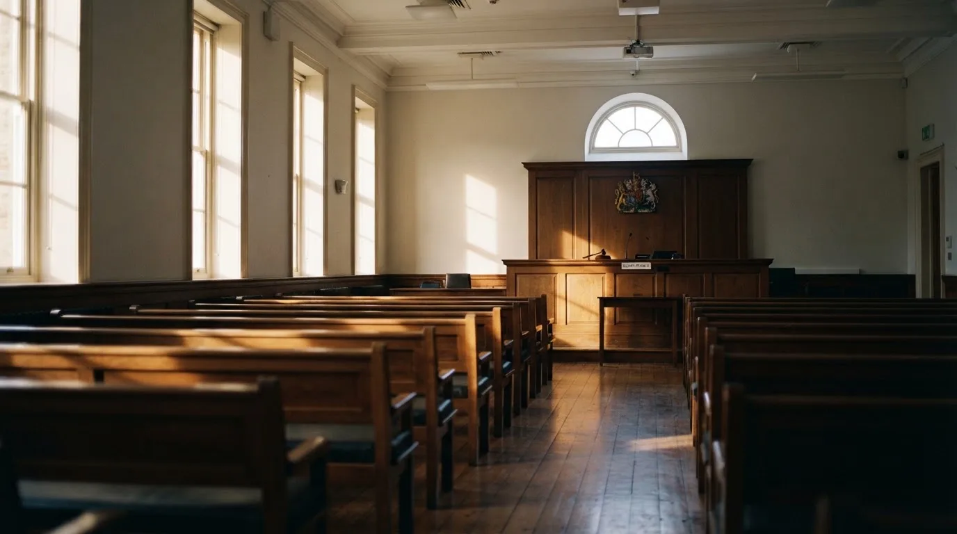 Una sala de tribunal vacía con bancos de madera a la luz de la mañana