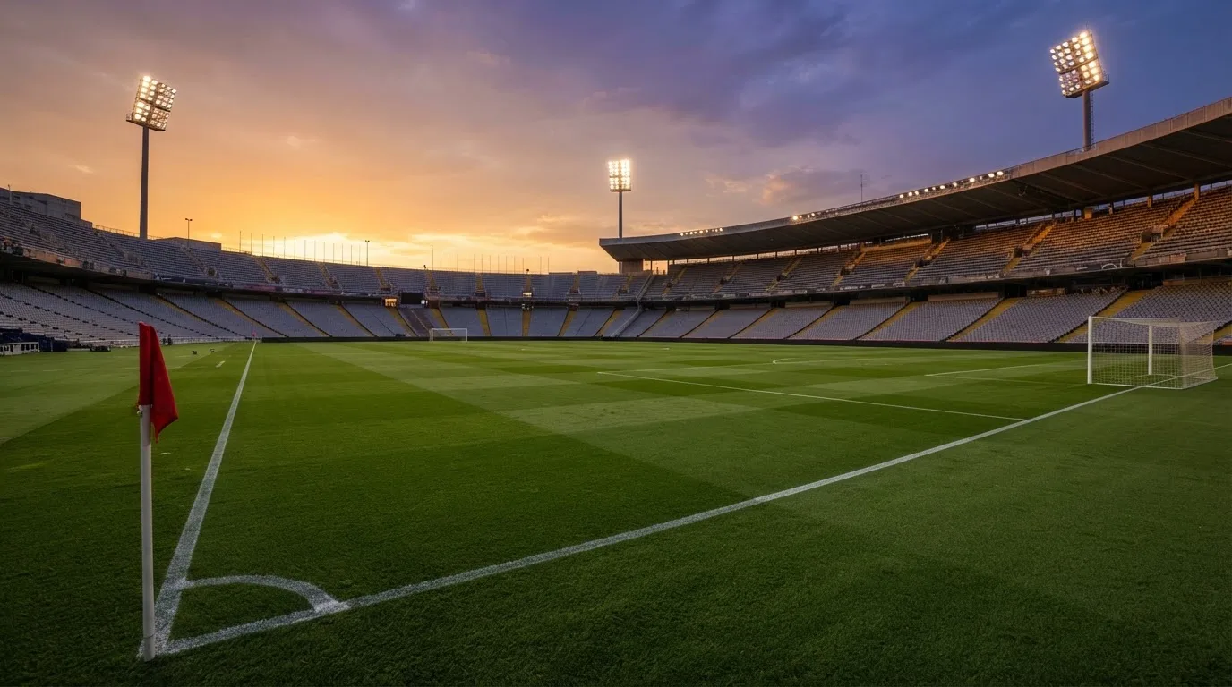 Un estadio de fútbol vacío con torres de iluminación al atardecer
