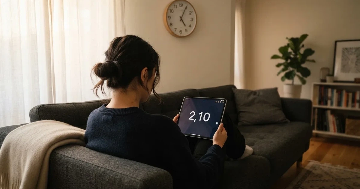 Una persona en el sofá mira pensativa una tableta, con un reloj de pared al fondo