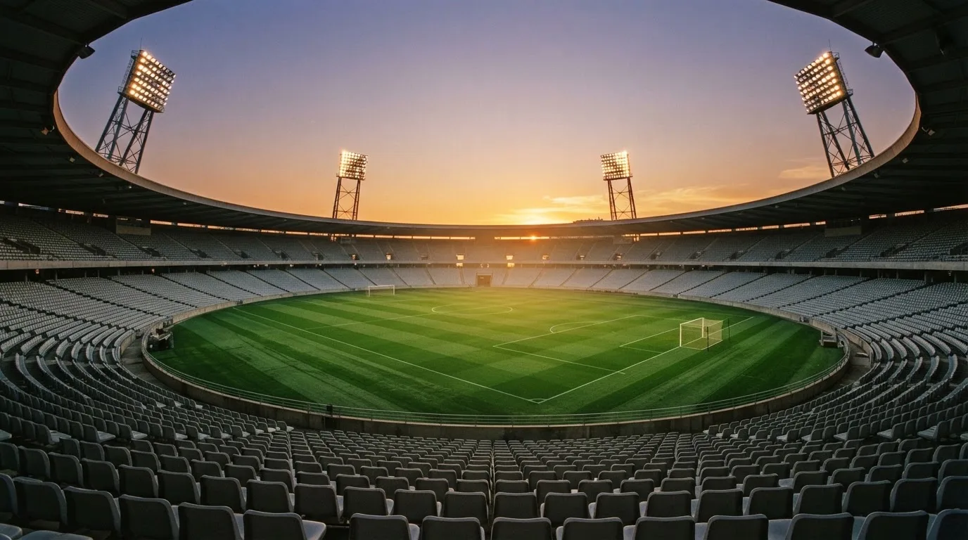 Un estadio de fútbol vacío con torres de iluminación al atardecer