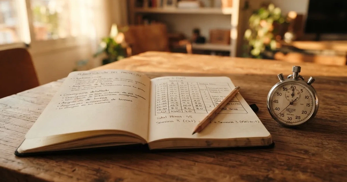 Un cuaderno abierto con un lápiz y un cronómetro sobre una mesa de madera
