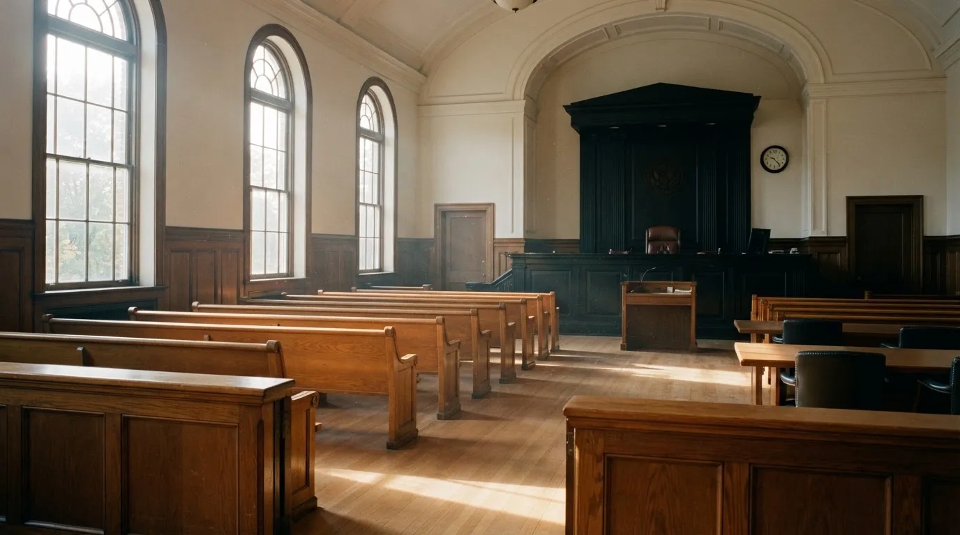 Una sala de tribunal vacía con bancos de madera a la luz de la mañana