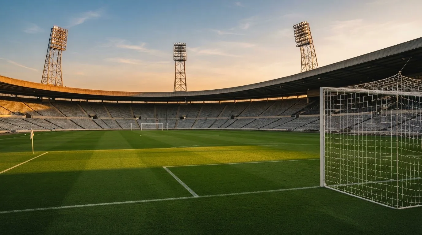 Un estadio de fútbol vacío con torres de iluminación al atardecer