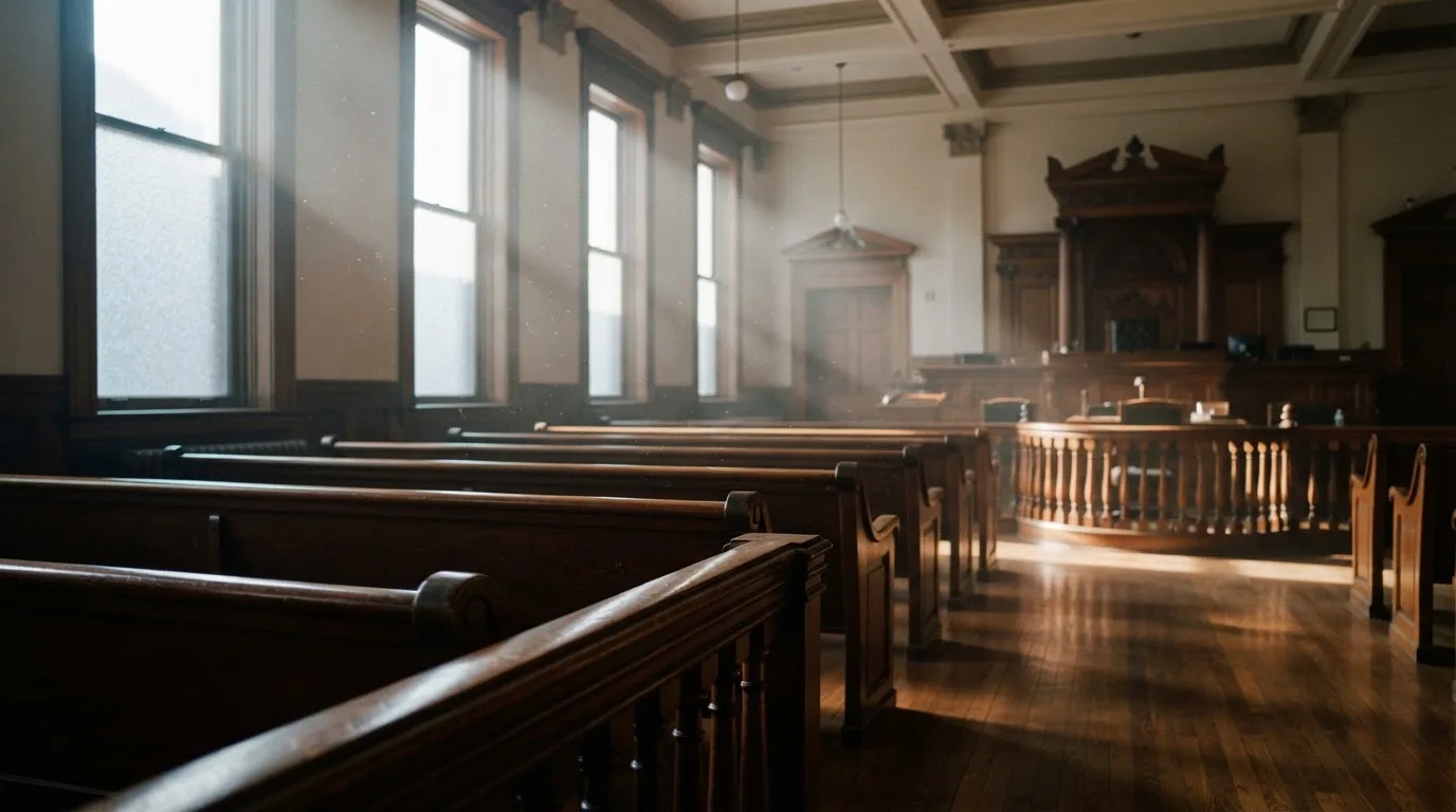 Una sala de tribunal vacía con bancos de madera a la luz de la mañana