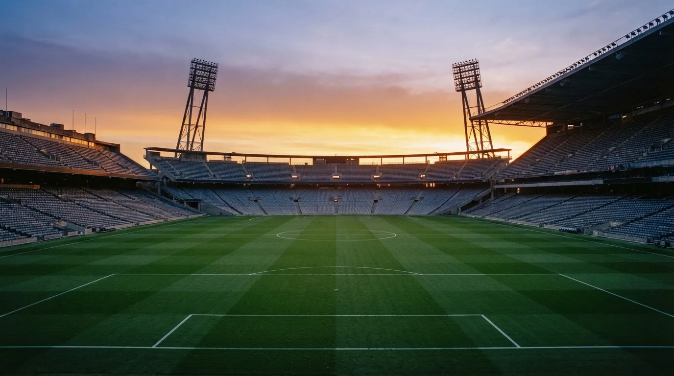 Un estadio de fútbol vacío con torres de iluminación al atardecer