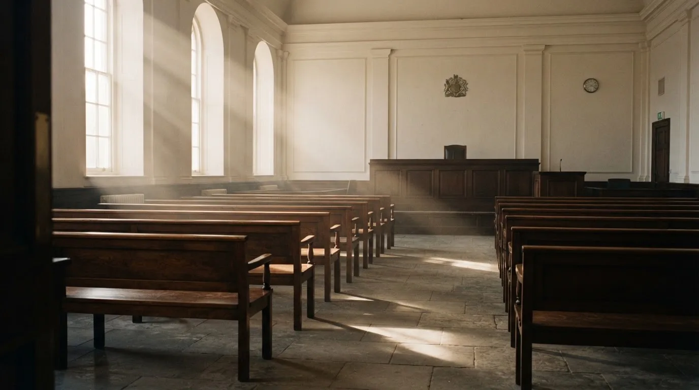 Una sala de tribunal vacía con bancos de madera a la luz de la mañana