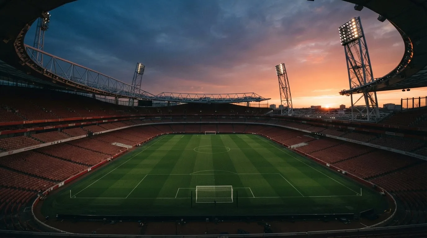 Un estadio de fútbol vacío con torres de iluminación al atardecer