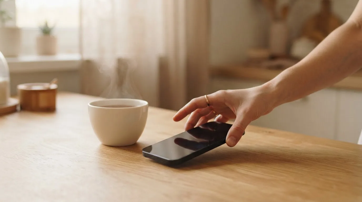 Una mano deja un móvil junto a una taza de té sobre la mesa de la cocina, una tarde tranquila