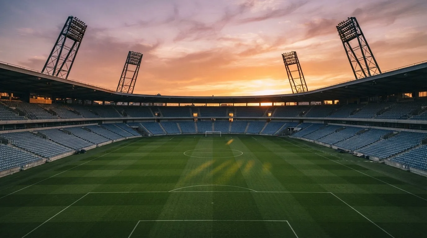 Un estadio de fútbol vacío con torres de iluminación al atardecer