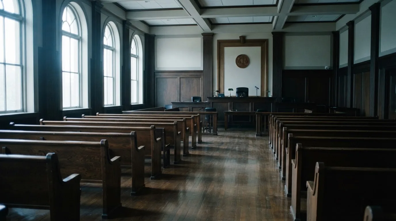 Una sala de tribunal vacía con bancos de madera a la luz de la mañana