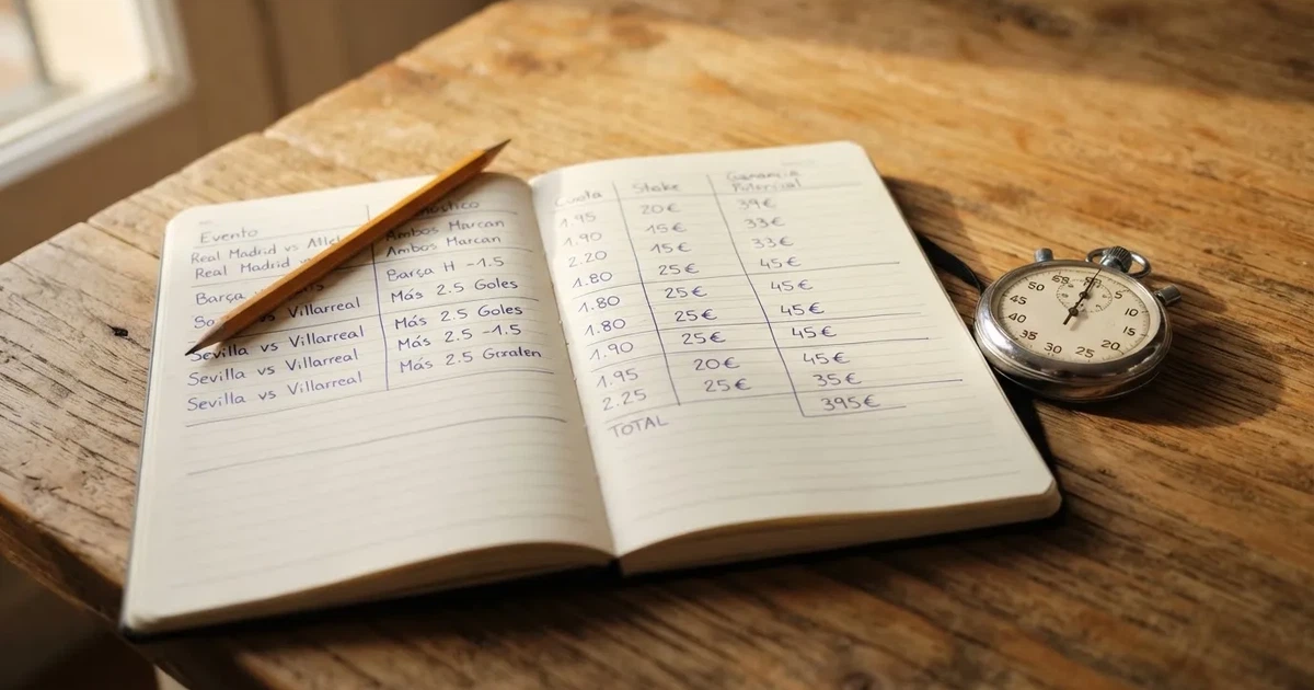 Un cuaderno abierto con un lápiz y un cronómetro sobre una mesa de madera