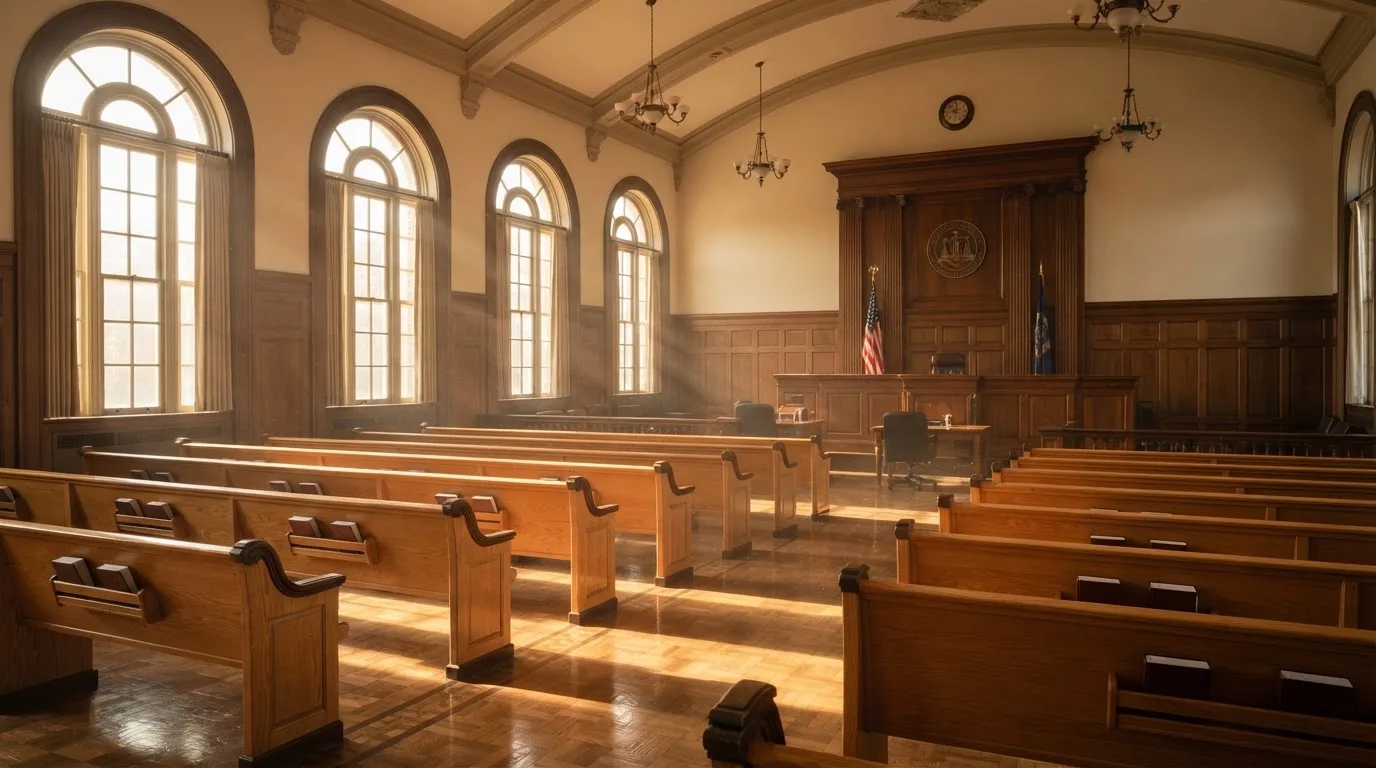 Una sala de tribunal vacía con bancos de madera a la luz de la mañana