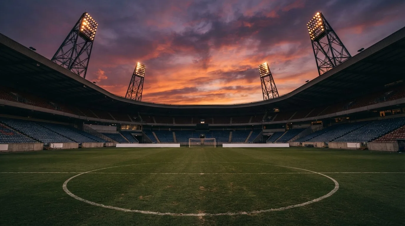 Un estadio de fútbol vacío con torres de iluminación al atardecer