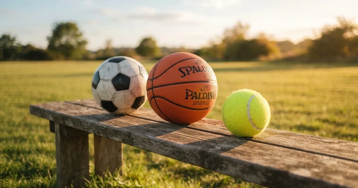 Tres balones de distintos tipos, uno junto a otro, sobre un banco de madera