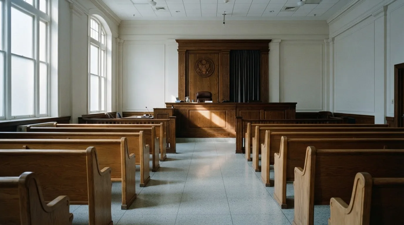 Una sala de tribunal vacía con bancos de madera a la luz de la mañana